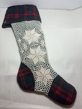 Vintage Christmas Stocking Knit Crochet Star Snowflakes w Red & Green Plaid picture