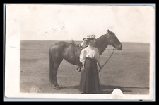 Vintage Postcards RPPC Edwardian Woman Holding Reins of a Horse Early 1900's picture
