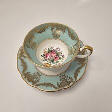 Foley Bone China England Teacup Saucer Tiffany Blue Gold  Trim Flowers picture