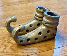 UNUSUAL Pair of Vintage Cast Iron Candle Holders JESTER/ELF Shoes Gold Patina picture