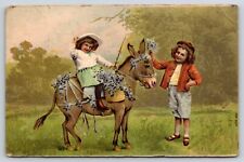 Two Girls, Donkey, Flowers, Nature, Embossed, Antique, Vintage 1909 Postcard picture