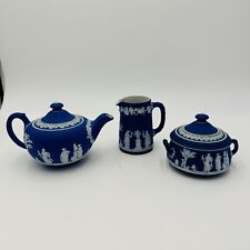 Wedgwood Jasperware Teapot Sugar Bowl Pitcher Dipped Cobalt Blue #43 Set picture