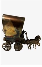 7” Vintage George Imports Brass Horses Pulling Covered Wagon Music Box WORKS picture