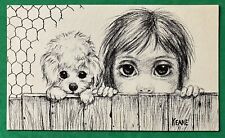 WALTER KEANE signed Black & White drawing ~ Big Eye Girl & Dog ~ postcard ~ 1962 picture