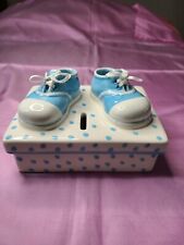 VTG Blue Boy Baby Shoes Piggy Bank Ceramic LADY- JAYNE NWOB 6