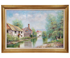 Vintage 20th C FRENCH Framed TOWNSCAPE OIL PAINTING Bridge Houses on RIVER Lake picture