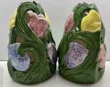 Beautiful Ceramic Hand Painted Set Of 2 Floral Candle Holder Covers Tulips 1999 picture