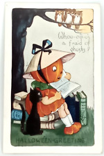 Halloween Post Card Whitney Made Anthropomorphic Pumpkin Reading Books Black Cat picture