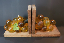Vintage MCM Lucite Amber/Yellow GRAPES Wooden Bookends  - READ picture