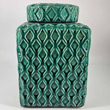Lidded Square Ceramic Ginger Jar Green Majolica glaze Geometric Pattern picture