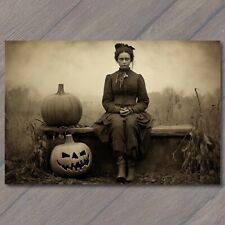 👻 POSTCARD Weird Creepy Vintage Vibe pumpkin Friend Girl Halloween Unusual picture