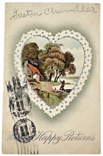 Antique AMP Co Postcard PMK 1911 Valentine Heart with Lakeside Cottage Scene picture
