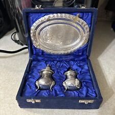 Antique silver plates salt and pepper set with tray and original velvet box picture
