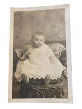 Real picture postcard vintage antique baby girl white dress chair blanket picture