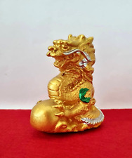 Feng Shui Dragon Holding Ball Statue Nag Wealth Snarling Gold Ceramic Small Gift picture