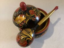 Russian Folk Art Lacquered Khokhloma Hand Painted Bowl With Lid & Spoon Vintage picture