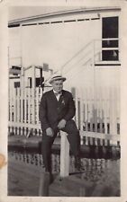 RPPC Dapper Chubby Young Man Pier Harbor Derby Hat Fashion Photo Postcard D12 picture