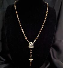 Vintage 18k Gold Tigers Eye Rosary Necklace Cross Jesus Christianity Cross Gift picture