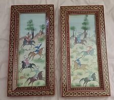 Vintage Antique Persian Painting Khatam Inlay Horses Hunters Art Wooden frame. picture