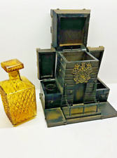 Vintage Wooden Medieval Castle Chest With Amber Glass Decanter-Japan picture