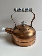 Vintage Copper Plated Tea Kettle Ceramic Blue Handle and Knob on Lid picture