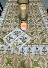 AGHABANI EMBROIDERED TABLECLOTH Green and Gold Silk on White 78x56” Approx. picture