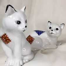 7.5 & 6.5” Vintage Pair, Cat Figurine, Porcelain, Glazed, White & Patchwork❤️ picture
