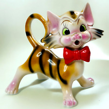 Rare 1950s Anthropomorphic Cat Figurine Red Bow Tie Striped Tiger Japan 6