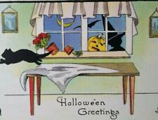 Halloween Postcard Fantasy Black Cats Window Witch Crescent Moon NYCE Series 412 picture