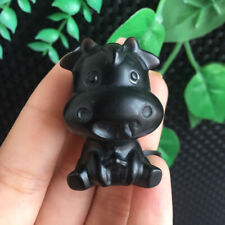 Obsidian Stone Cartoon Cow Carving Quartz Crystal Collection Specimen picture