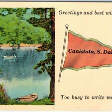 c1930s Canistota, S. Dak. Greetings Best Wishes Linen Postcard Busy Pennant A69 picture