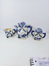 Vintage  Blue & White Ceramic Dutch Windmill Teapot Creamer & Sugar, Japan picture