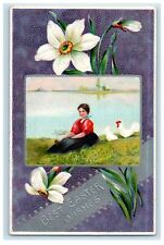 c1910's Easter Wishes Girl And Chickens White Flowers Embossed Antique Postcard picture