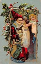 EMBOSSED SANTA IN RED HOLDING TOYS AS YOUNG GIRL REACHES FOR THEM c 1904-14 picture