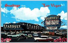 Postcard NV Greetings from Las Vegas Stardust Hotel Billy Daniels 1950s Old Cars picture