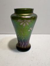 Antique Art Glass Iridescent Green Vase 4 3/4 Loetz Style picture