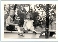Vintage Photo 1940s, Cute boy and girl sitting, Candid, back yard , 5x3.5 picture