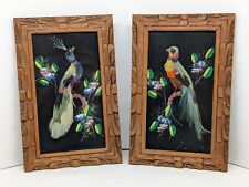 Set Vintage Mexican Feathercraft Bird Picture Hand Carved Wood Frame 8.25 By 5” picture