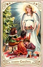 Christmas PC Angel Woman Bringing Platter of Food to Children Candlelit Tree picture