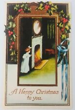 Vintage Look Christmas Postcard Reproduction Girl At Fireplace 1977 picture