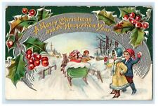 Christmas Children Sleigh Ride Horse Blow Horns Throw Snowball Embossed Postcard picture
