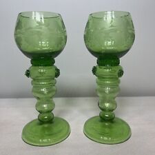Vintage Etched Grapes and Leaves German Roemer Green Wine Goblets.  Set of 2. picture