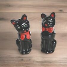 Vintage Japan Redware Black Cats Salt & Pepper Shakers with Red Bows 4