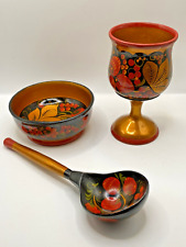 Vtg Russian Khokhloma Goblet Bowl & Spoon Hand Painted Laquered Wood picture