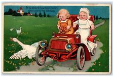 c1910's Little Girls Car Goose Flowers Embossed Posted Antique Postcard picture
