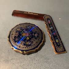 1950's STRATTON (England) Blue & Gold Floral Roses Mirror Compact/Comb~See Desc. picture