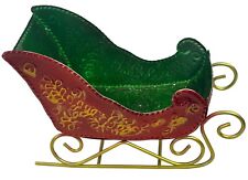 Christmas Santa's Sleigh Metal Red Green Gold Vintage picture