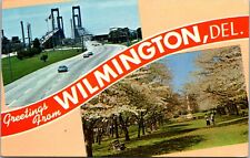 Wilmington DE Greetings Dual View Banner Bridge Cars Josephine Gardens Postcard  picture
