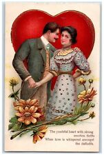 Valentine Postcard Giant Heart Couple Romance With Flowers Embossed 1907 Antique picture