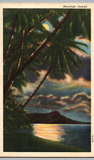 Hawaii Postcard Vintage Linen Moonlight Palms Tree Night Ocean HI Islands Card picture
